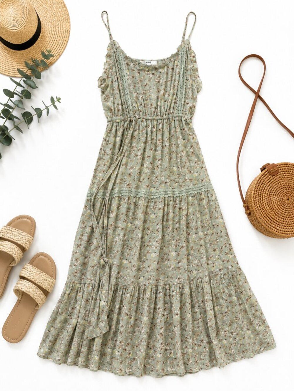 Mine Size Large Sage Floral Lace Trim Boho Maxi Dress